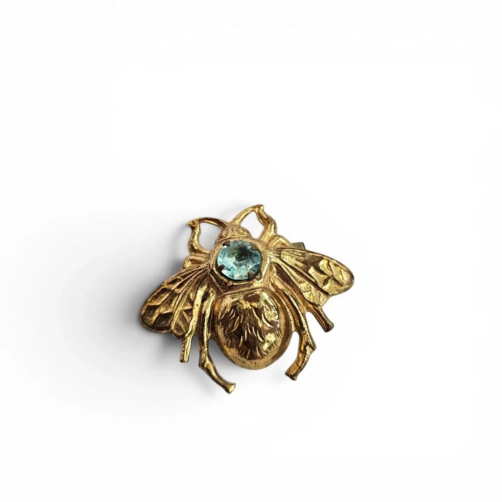 Vintage Midcentury Gold Tone Bumble Bee Brooch Blue Rhinestone Insect Pin Small